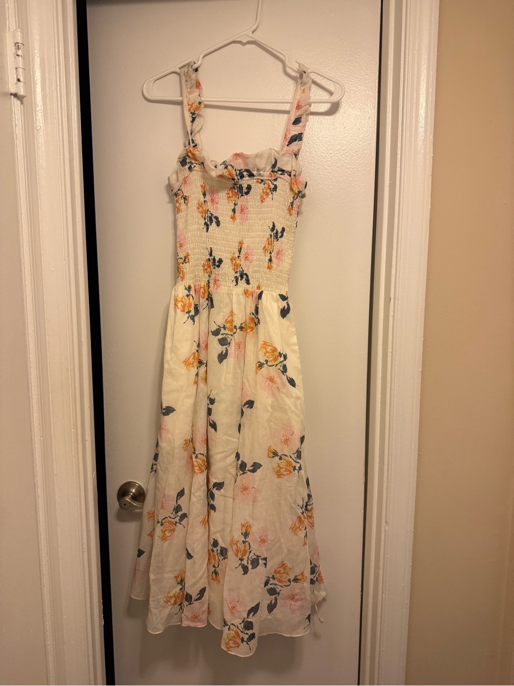 Cream Floral Smocked Midi Dress with Yellow & Blush Flowers